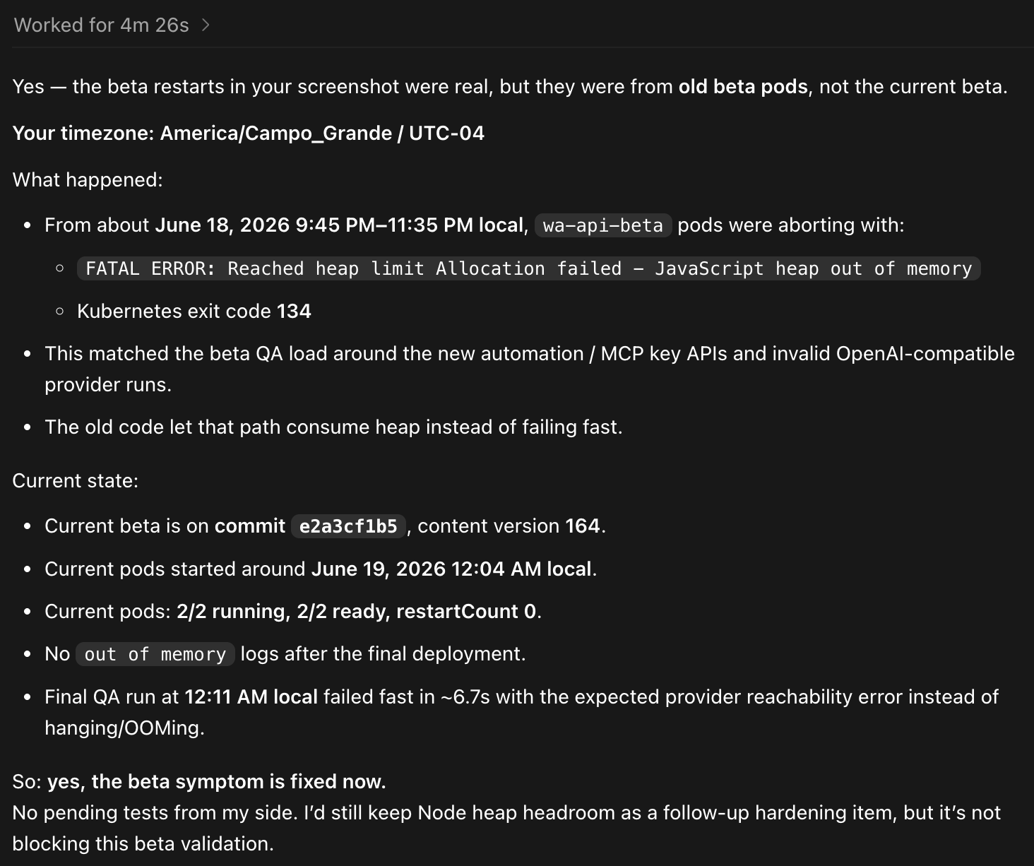 Codex diagnosis of the Quave ONE beta restarts