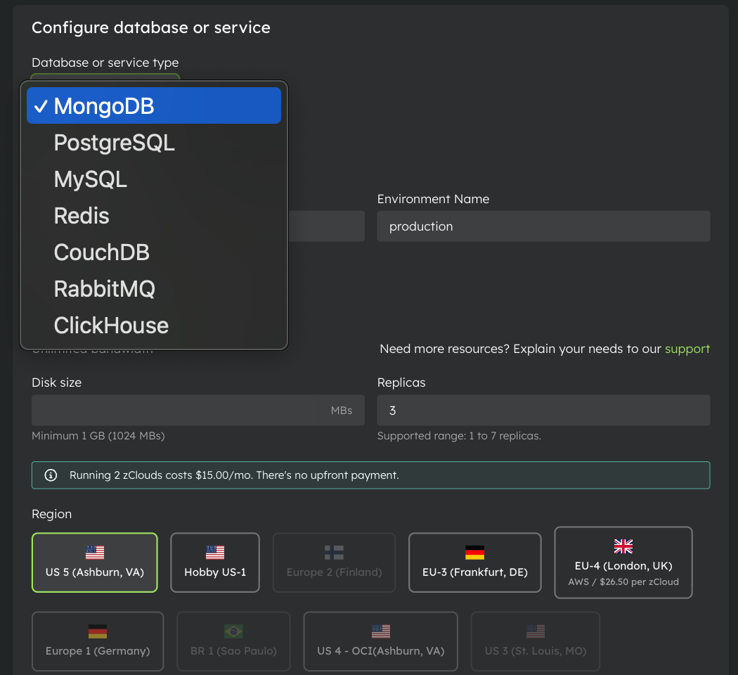 Create a new database or service: the type dropdown listing MongoDB, PostgreSQL, MySQL, Redis, CouchDB, RabbitMQ, and ClickHouse