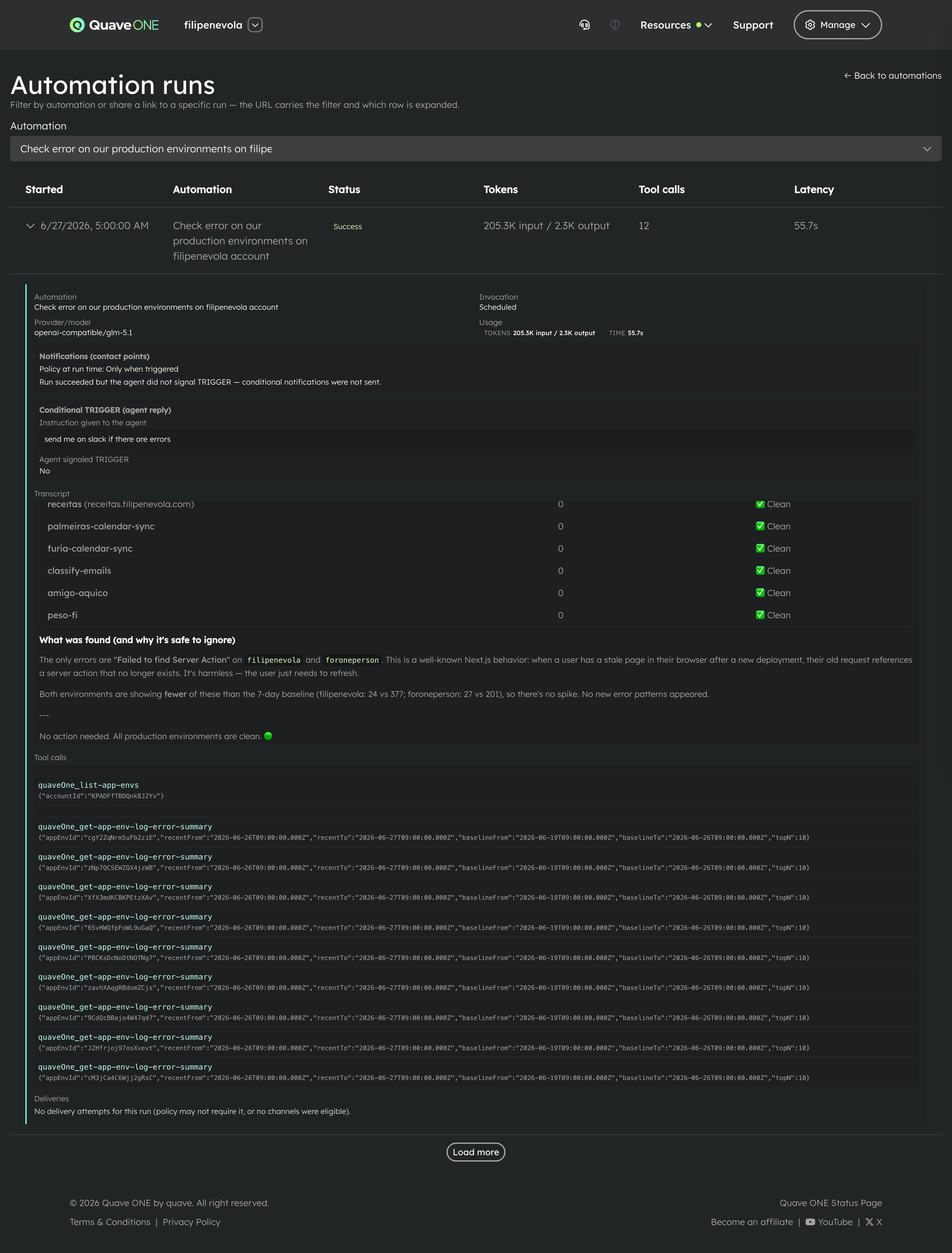 Automation runs page: the scheduled "Check error on our production environments" run, succeeded with "No actionable errors found" across 9 production environments