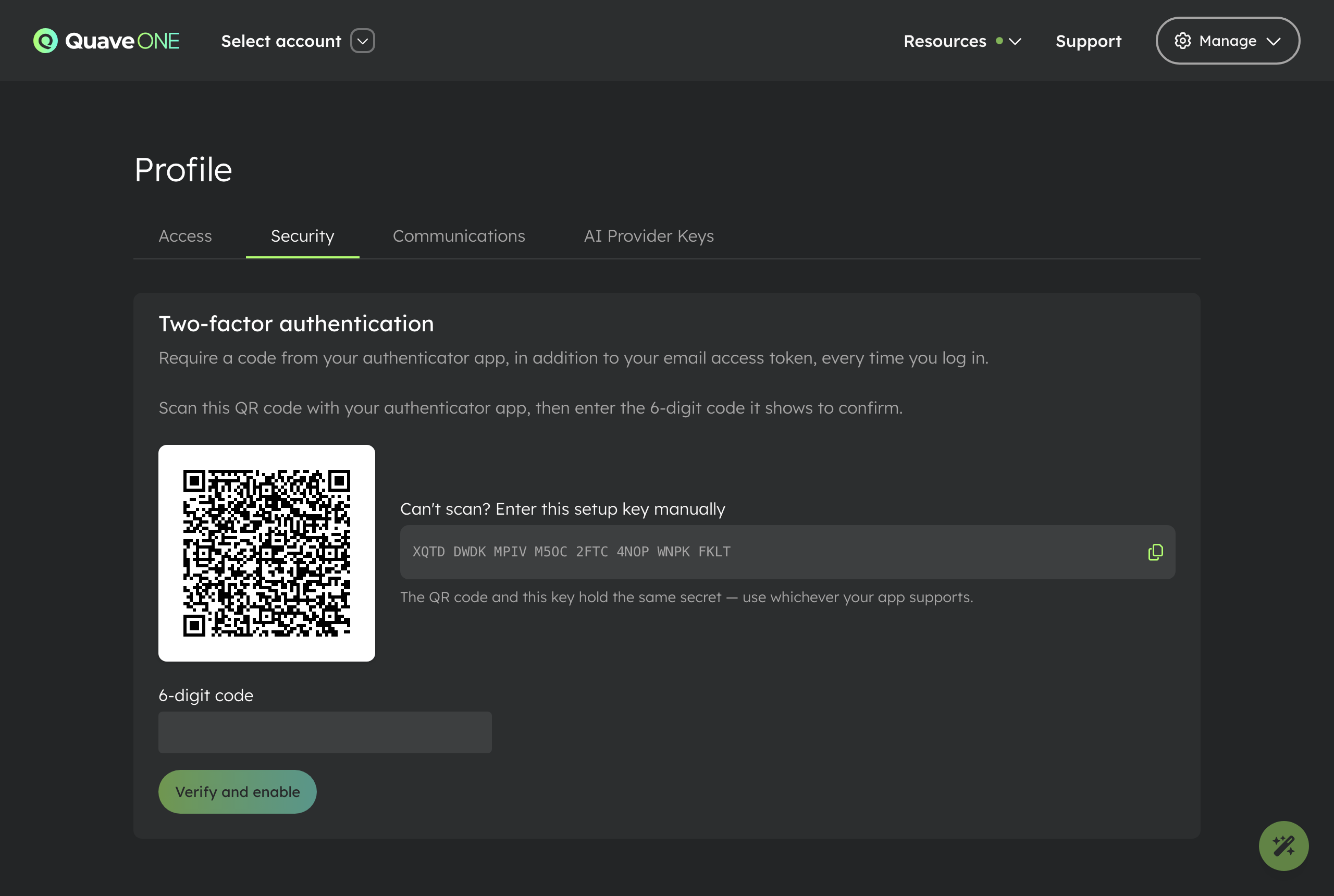 MFA setup: scan the QR code or copy the setup key