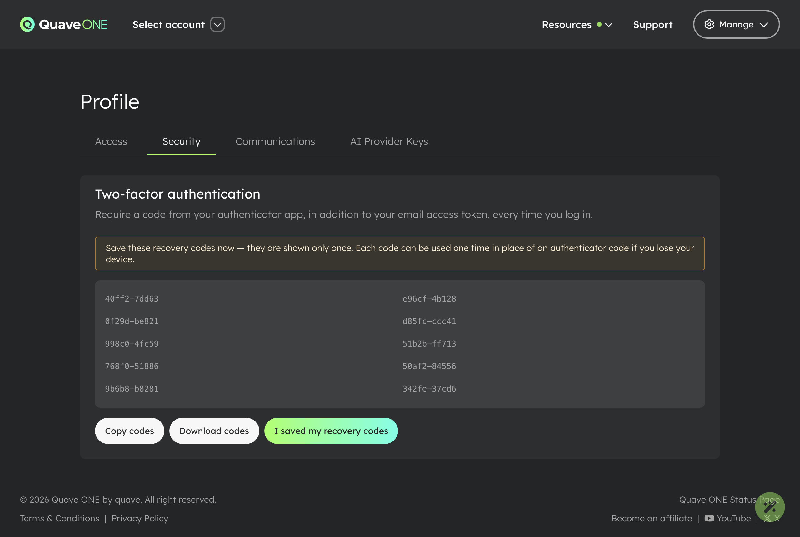 One-time recovery codes shown right after enabling