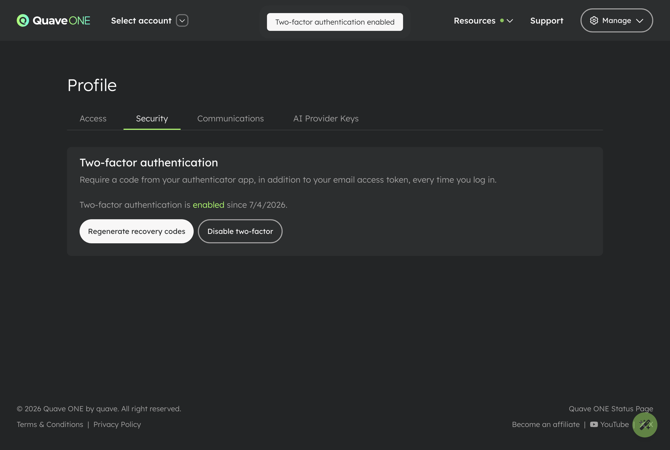 Two-factor enabled, with options to regenerate codes or disable