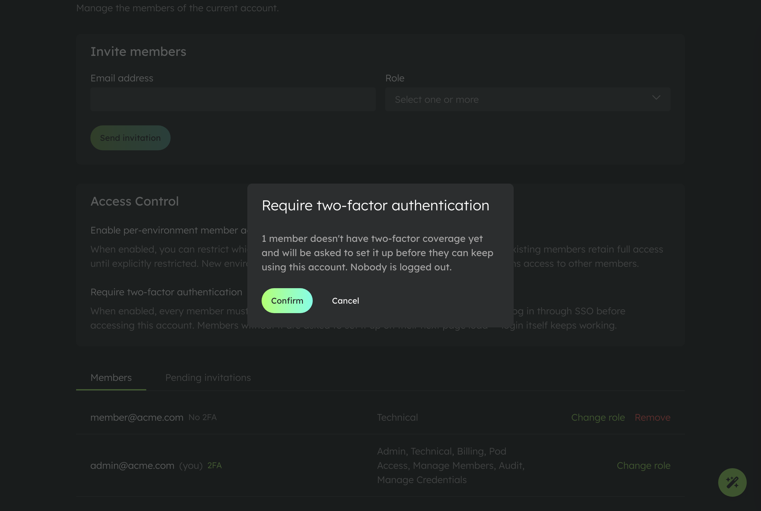Confirmation showing how many members still need to set up 2FA