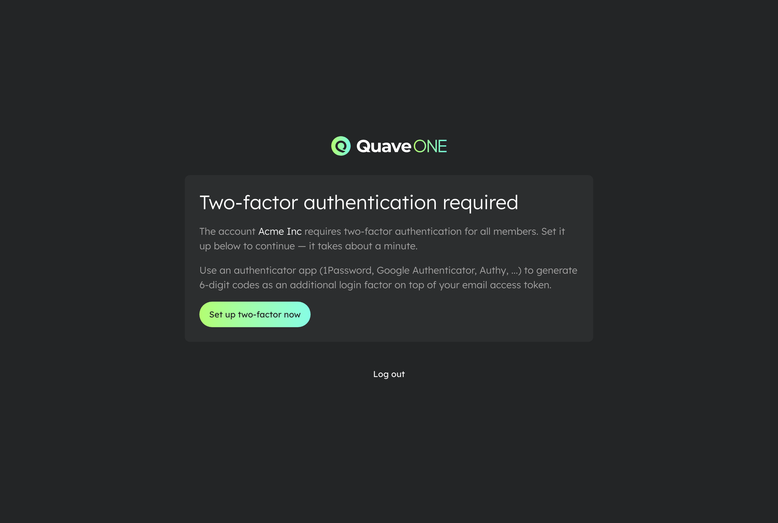 The set-up-to-continue prompt a member without 2FA sees