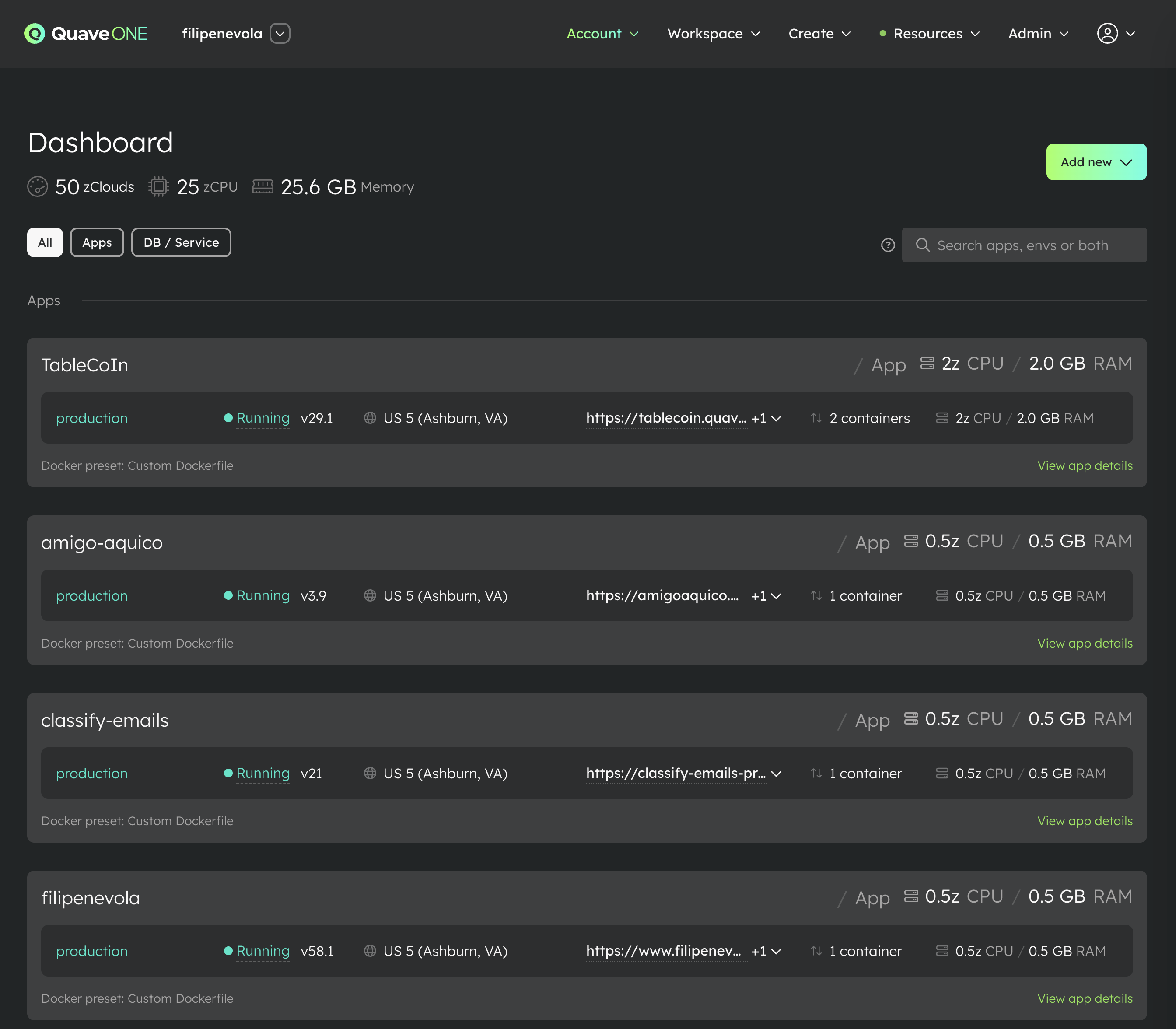 The Dashboard with compact App cards, App type filters, and search at the top.